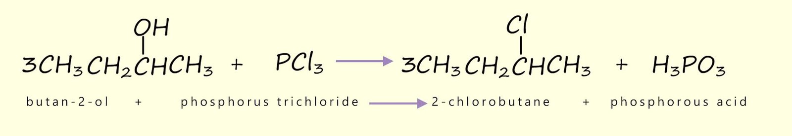 Word and balanced symbolic equations to show the chlorination of a secondary alcohol using phosphorus trichloride PCl3